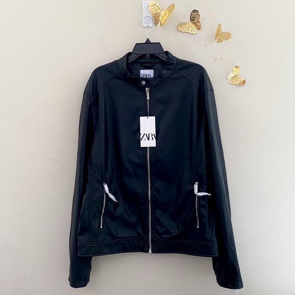ZARA | Black Vegan Leather Bomber Jacket Size US XL Men - Picture 2 of 7